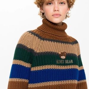 NWT Minga London Honey Bear Women's Striped Turtleneck Sweater